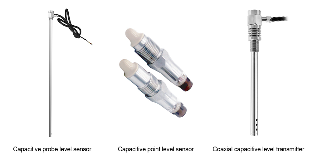 Product image of various capacitive level sensors, including probe, point, and coaxial capacitive level transmitter designs for diverse applications.