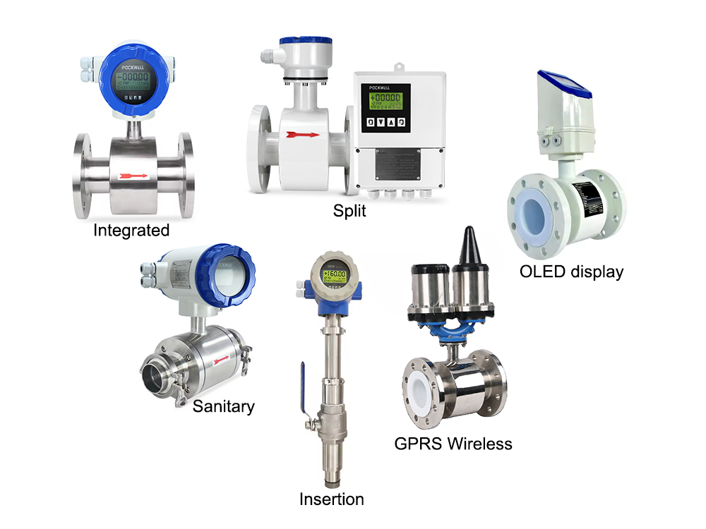 electromagnetic-flow-meter-types-comparison.jpg Image showing different types of electromagnetic flow meters including integrated, split, OLED display, sanitary, insertion, and GPRS wireless models.