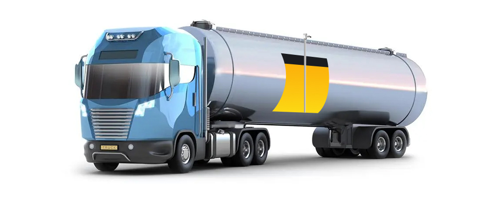 Illustration of a capacitive level sensor mounted on a tanker truck for monitoring liquid levels in mobile storage tanks.