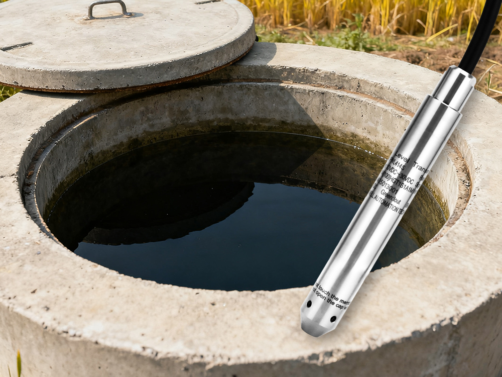Sensor de presión sumergible en funcionamiento dentro de un pozo profundo, utilizado para controlar los niveles de agua en sistemas agrícolas y municipales.