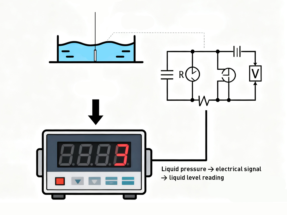 Diagram showing how a submersible level transmitter converts liquid pressure into an electrical signal for accurate level measurement.
