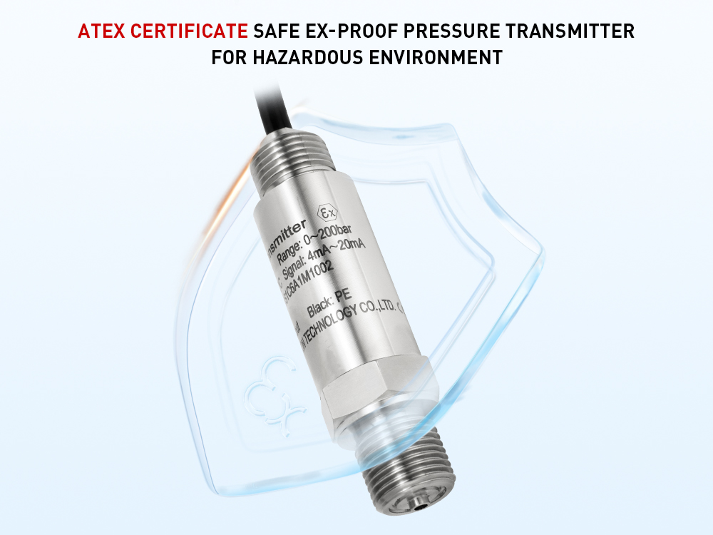 ATEX certified explosion-proof pressure transmitter designed for hazardous environments with 4–20mA output signal and stainless-steel housing.