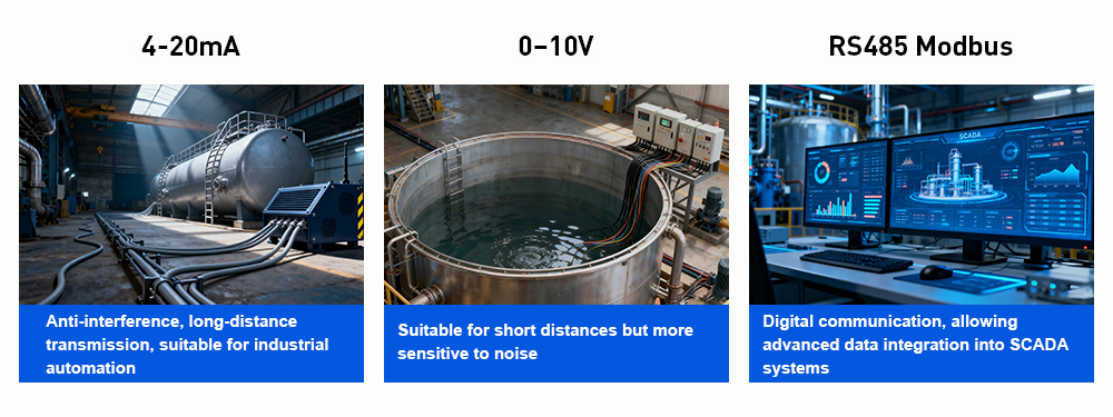 Comparison of 4–20mA, 0–10V, and RS485 Modbus output signal types used in submersible level transmitters for industrial monitoring.
