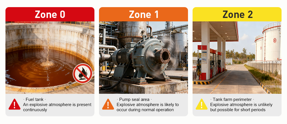 Illustration showing ATEX hazardous area classification zones 0, 1, and 2 with examples of fuel tanks, pump areas, and gas stations.