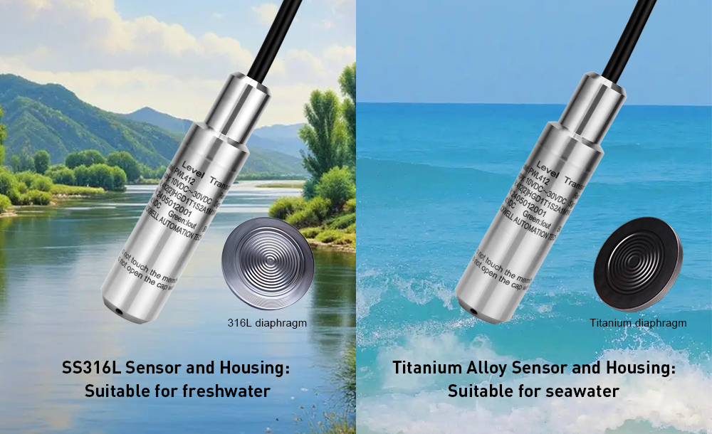 Image comparing submersible level transmitters with stainless steel 316L housing for freshwater and titanium housing for seawater applications.