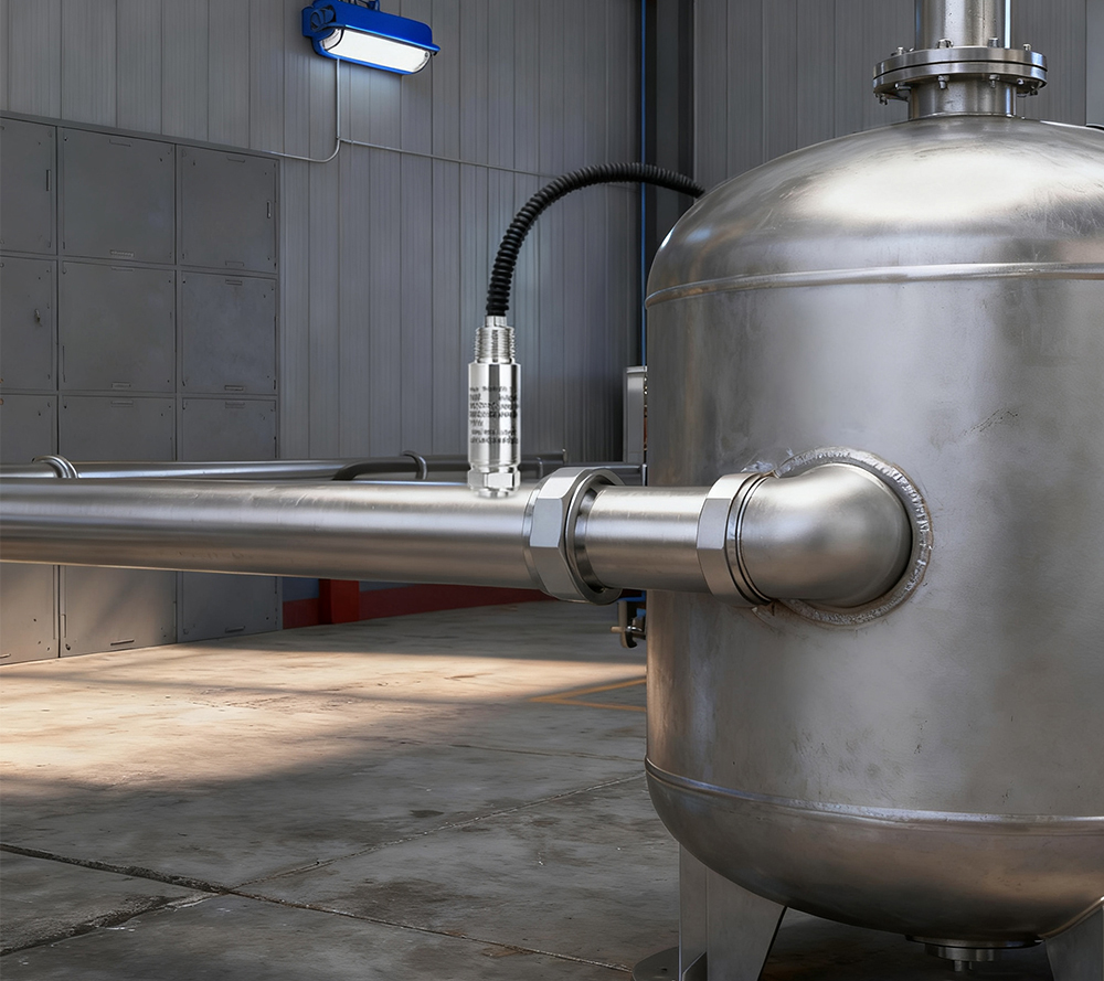 Explosion-proof pressure sensor installed on industrial stainless-steel pipeline in hazardous area for process monitoring and safety compliance.