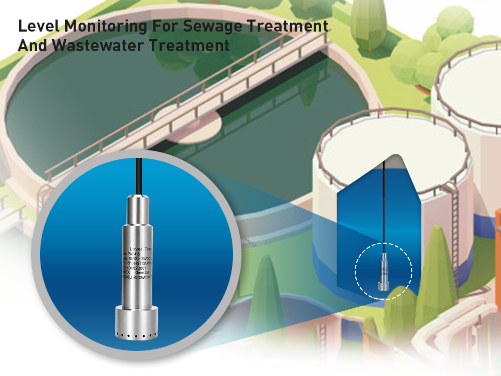 Illustration showing a submersible level transmitter used in sewage and wastewater treatment tanks for continuous level monitoring.