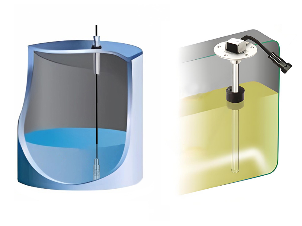 Hydrostatic-and-float-sensor-application.jpg Industrial tank showing hydrostatic sensor and float sensor used for water level monitoring.