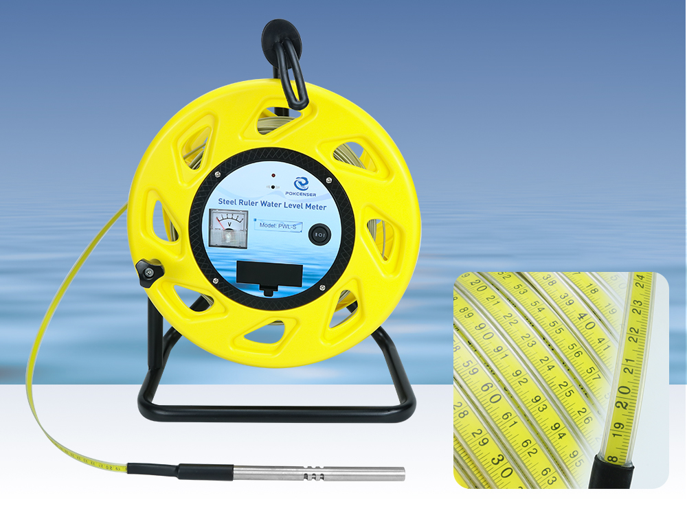 Yellow reel water level meter with steel ruler tape and probe on stand