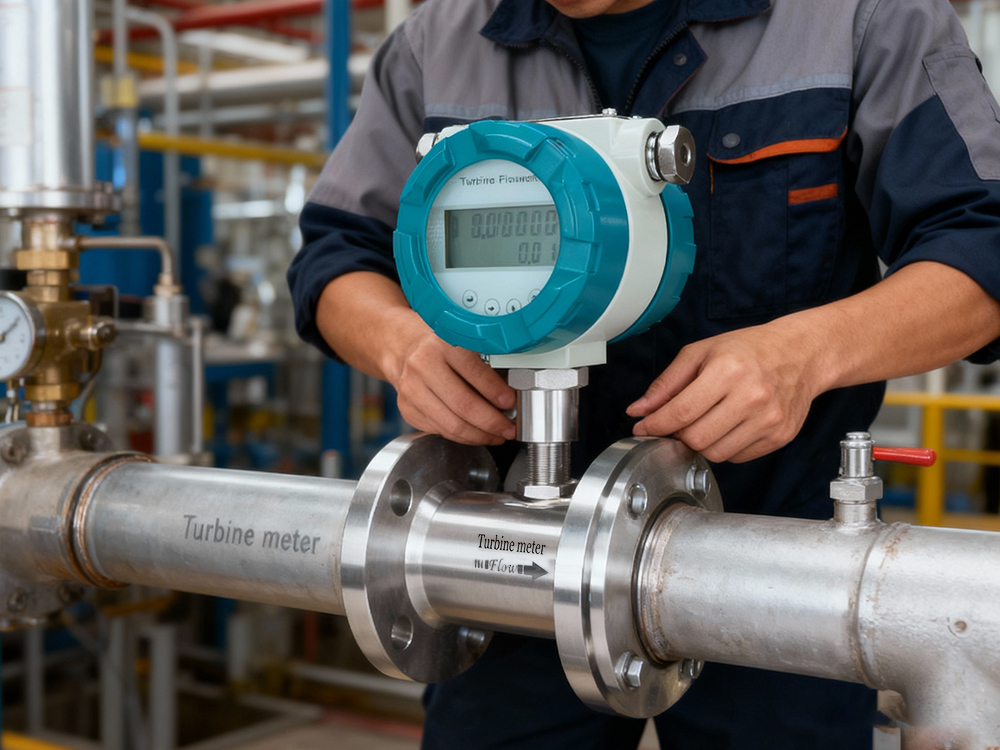 Technician installing a new turbine flow meter on an industrial pipeline