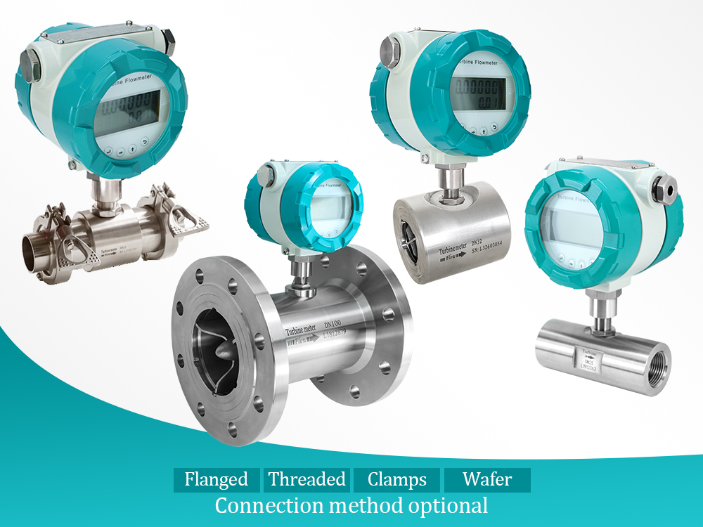 Turbine flow meter products with multiple connection options displayed
