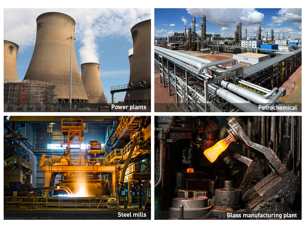 Various industrial applications including power plants, petrochemical plants, steel mills, and glass manufacturing using high-temperature flow meters.