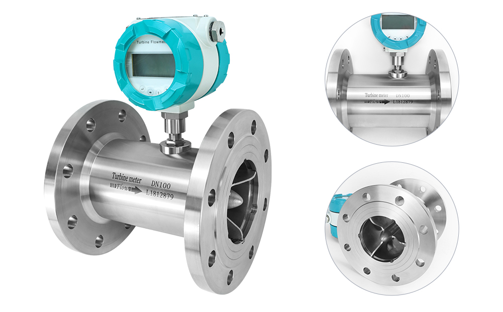 Stainless steel turbine flow meter with digital display and flange connection, suitable for high-precision liquid flow measurement.