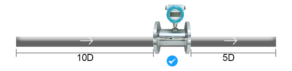 Field-installed turbine flow meter mounted horizontally in a straight pipeline section with sufficient upstream and downstream length.