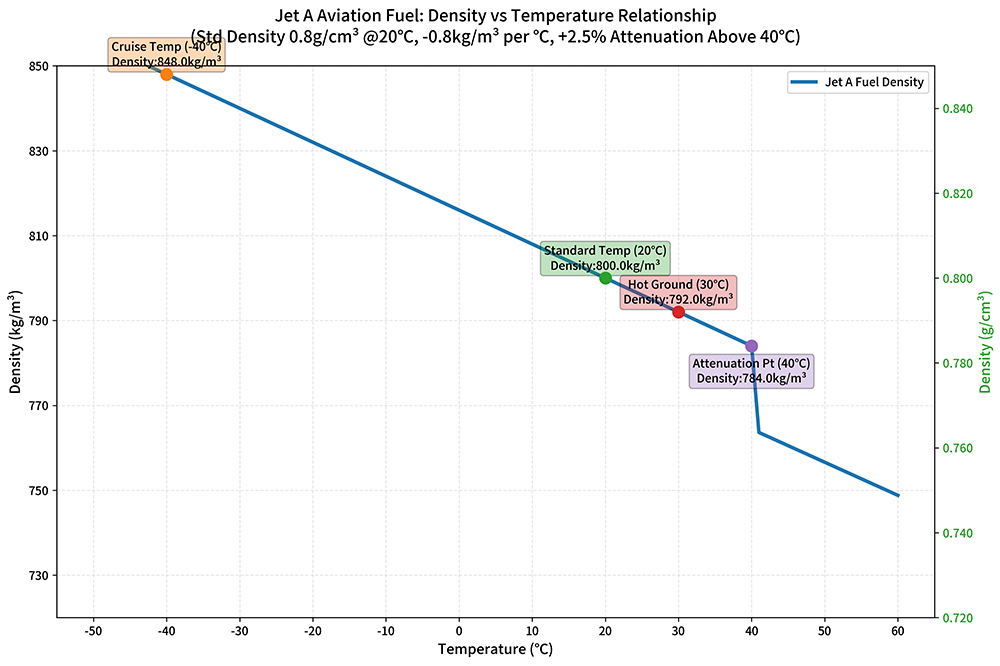 Graph showing Jet A aviation fuel density changes with temperature, indicating density reduction as temperature increases.