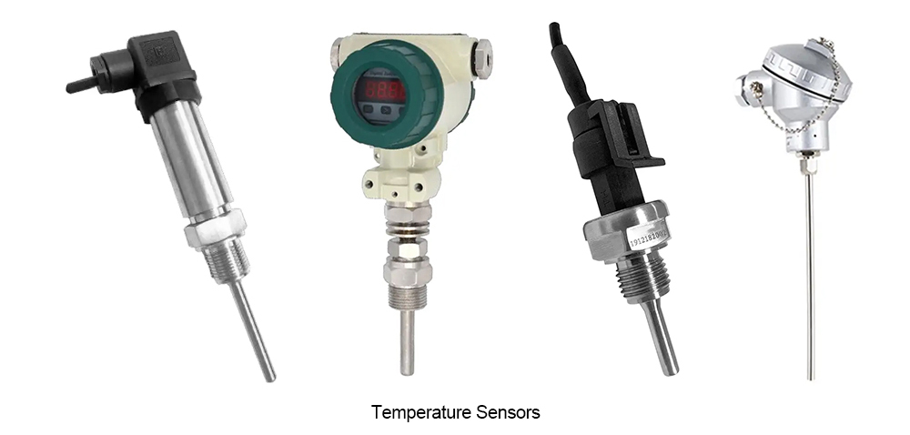 Image showing different types of industrial temperature sensors used for thermal compensation in fuel flow meter systems.