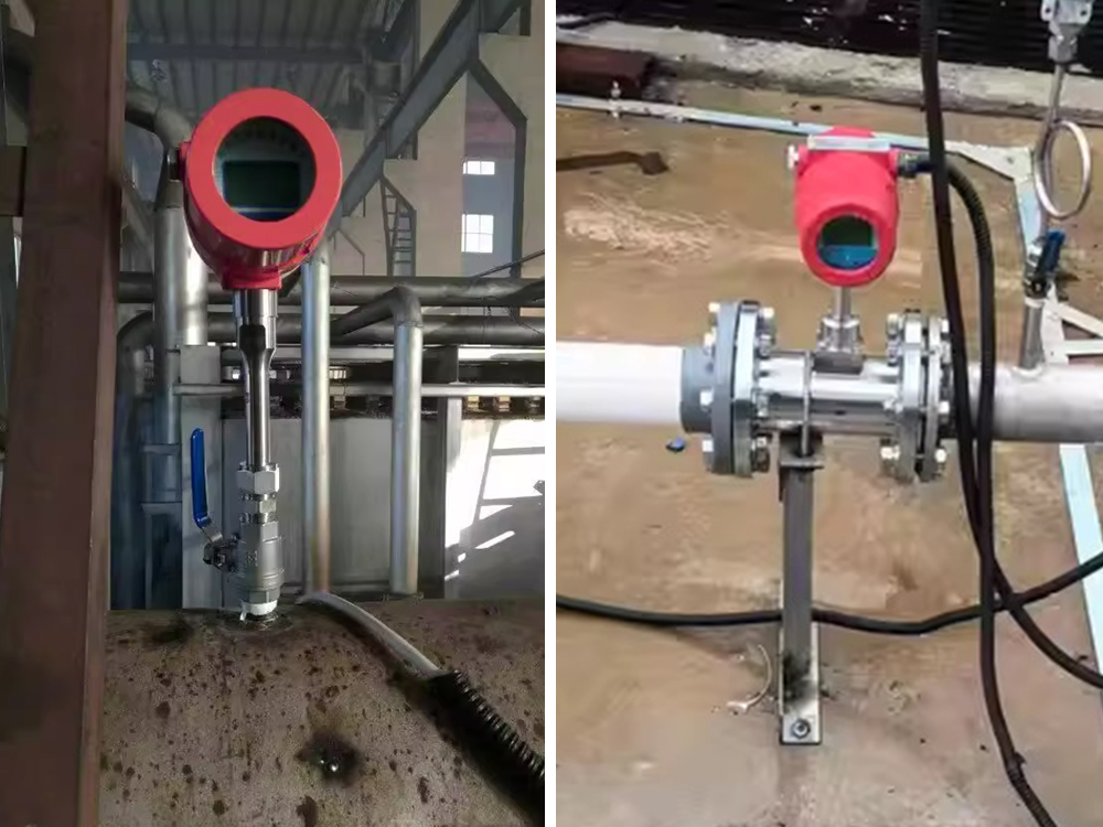 Field installation images showing PokcenserTech thermal mass flow meters used in high-temperature gas pipelines.