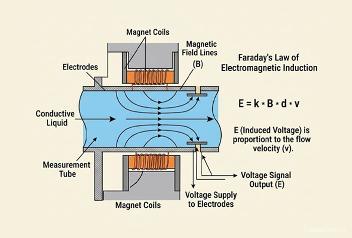 Diagram illustrating Faraday's Law in a magnetic flow meter for water