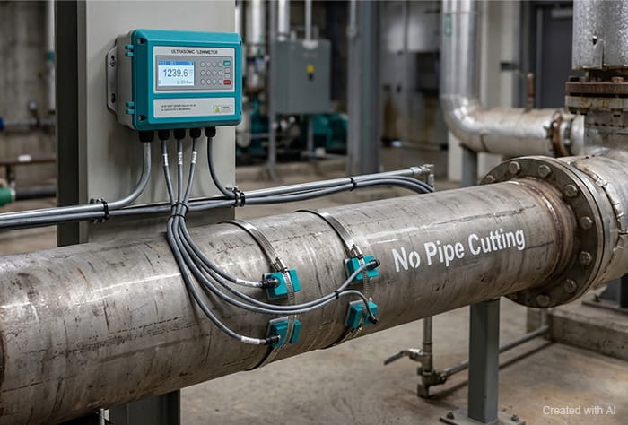 Technician installing clamp-on ultrasonic flow meter sensors on an industrial pipeline